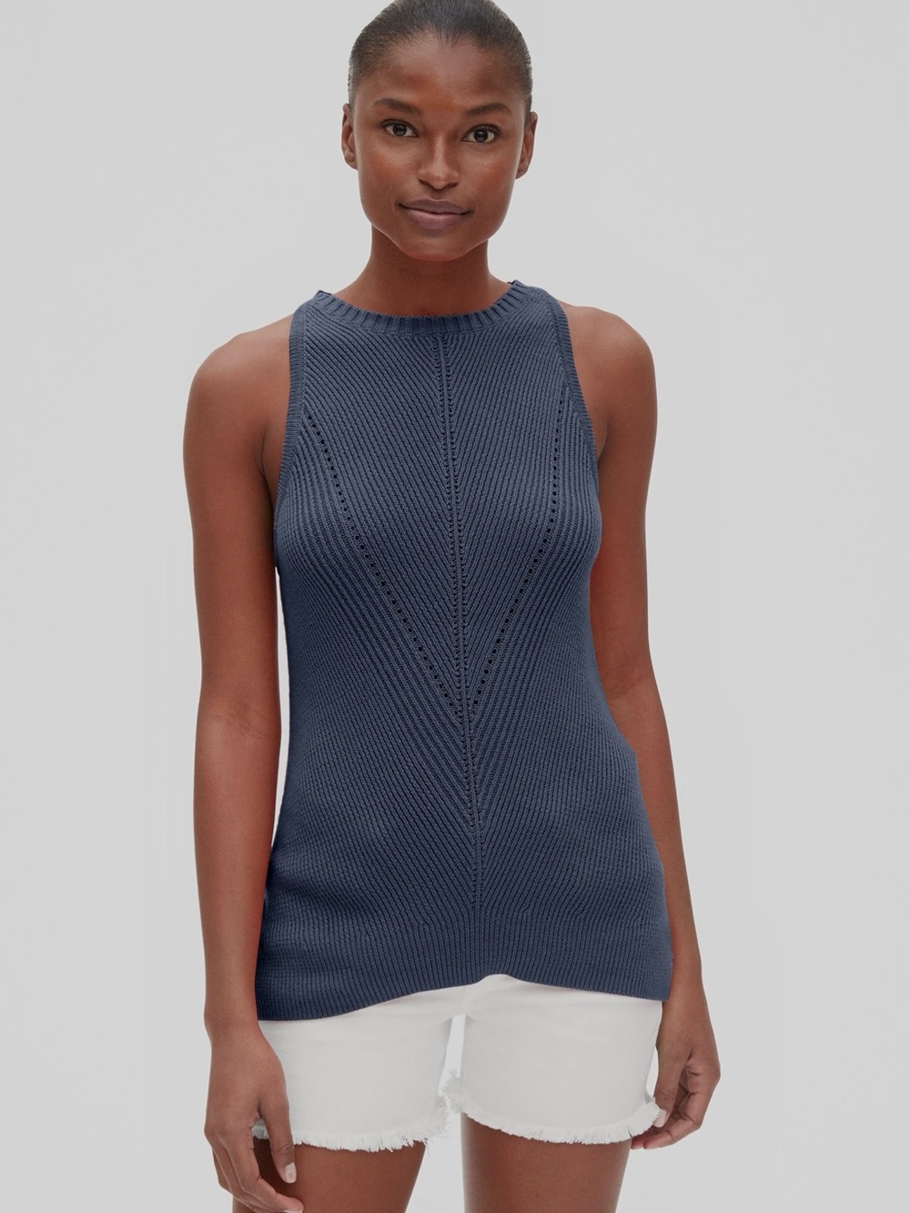 Gap Directional Ribbed Sleeveless Sweater Tank Soft Summer Knit Navy Space Dye L